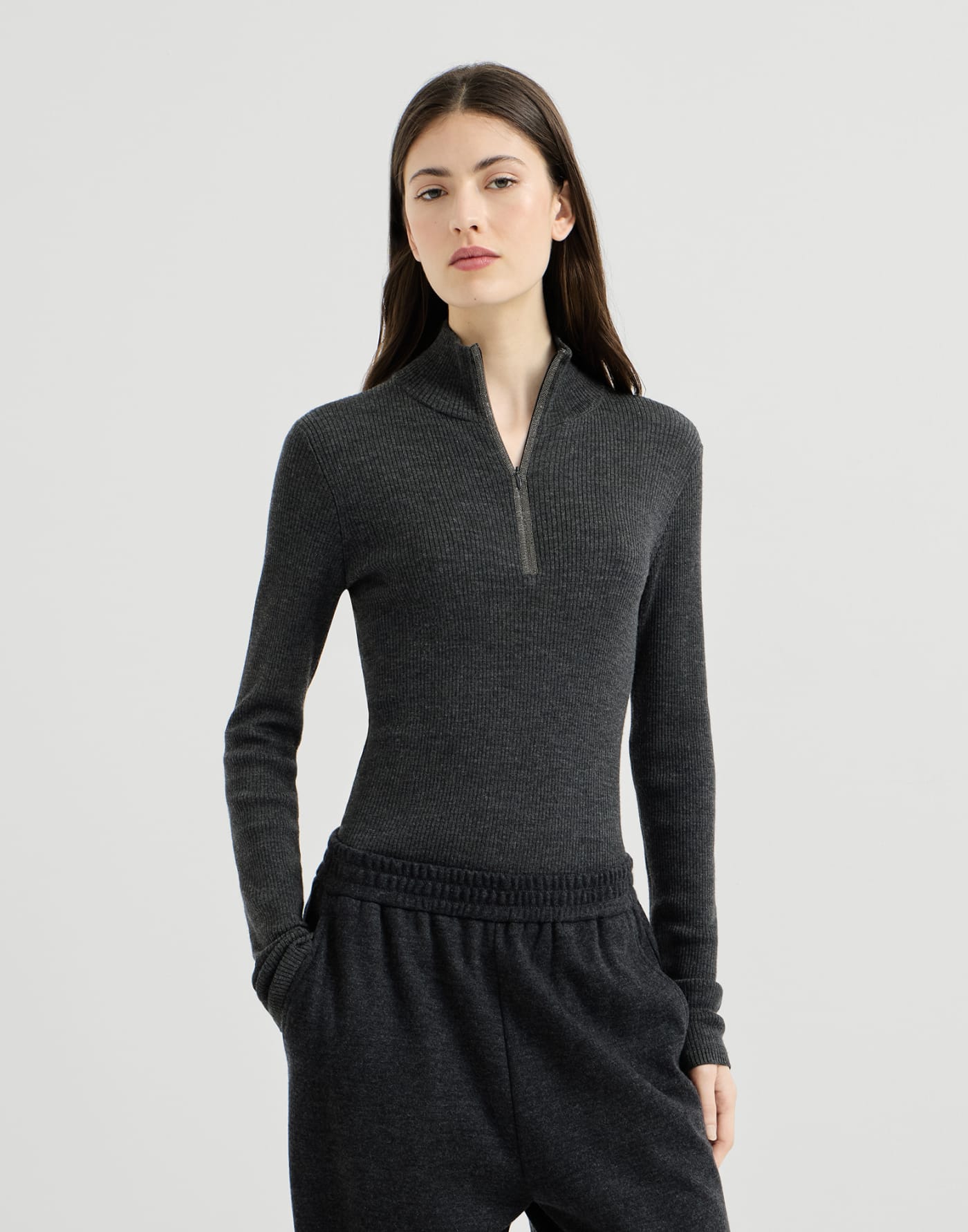 Virgin wool and cashmere lightweight ribbed turtleneck sweater with precious half zip