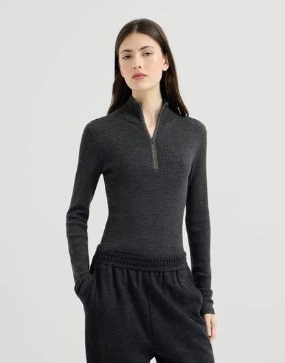 Virgin wool and cashmere lightweight ribbed turtleneck sweater with precious half zip