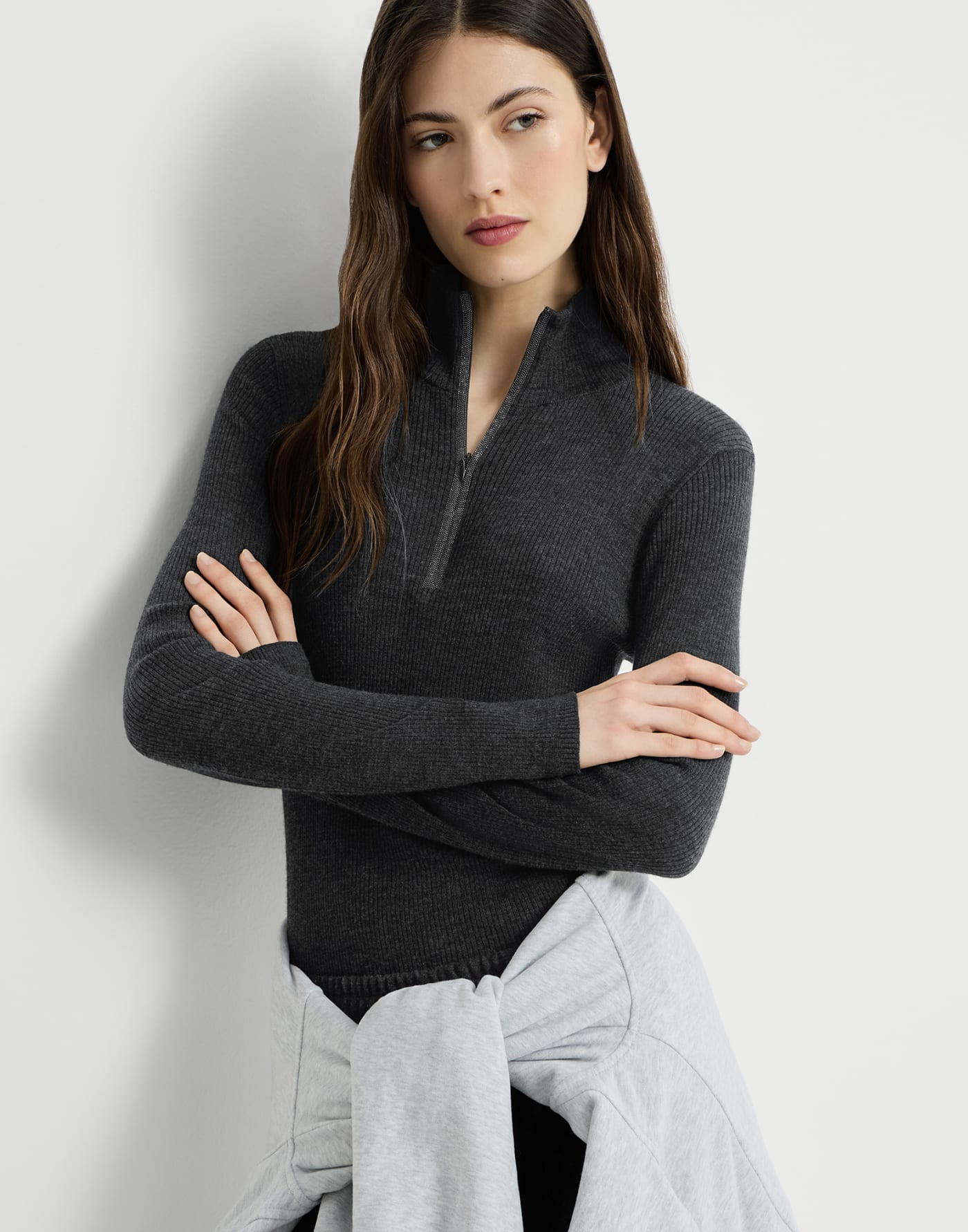 Virgin wool and cashmere lightweight ribbed turtleneck sweater with precious half zip