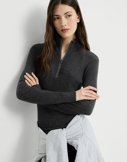 Virgin wool and cashmere lightweight ribbed turtleneck sweater with precious half zip
