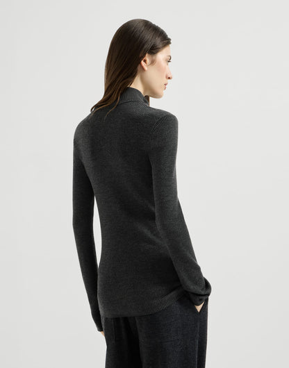 Virgin wool and cashmere lightweight ribbed turtleneck sweater with precious half zip