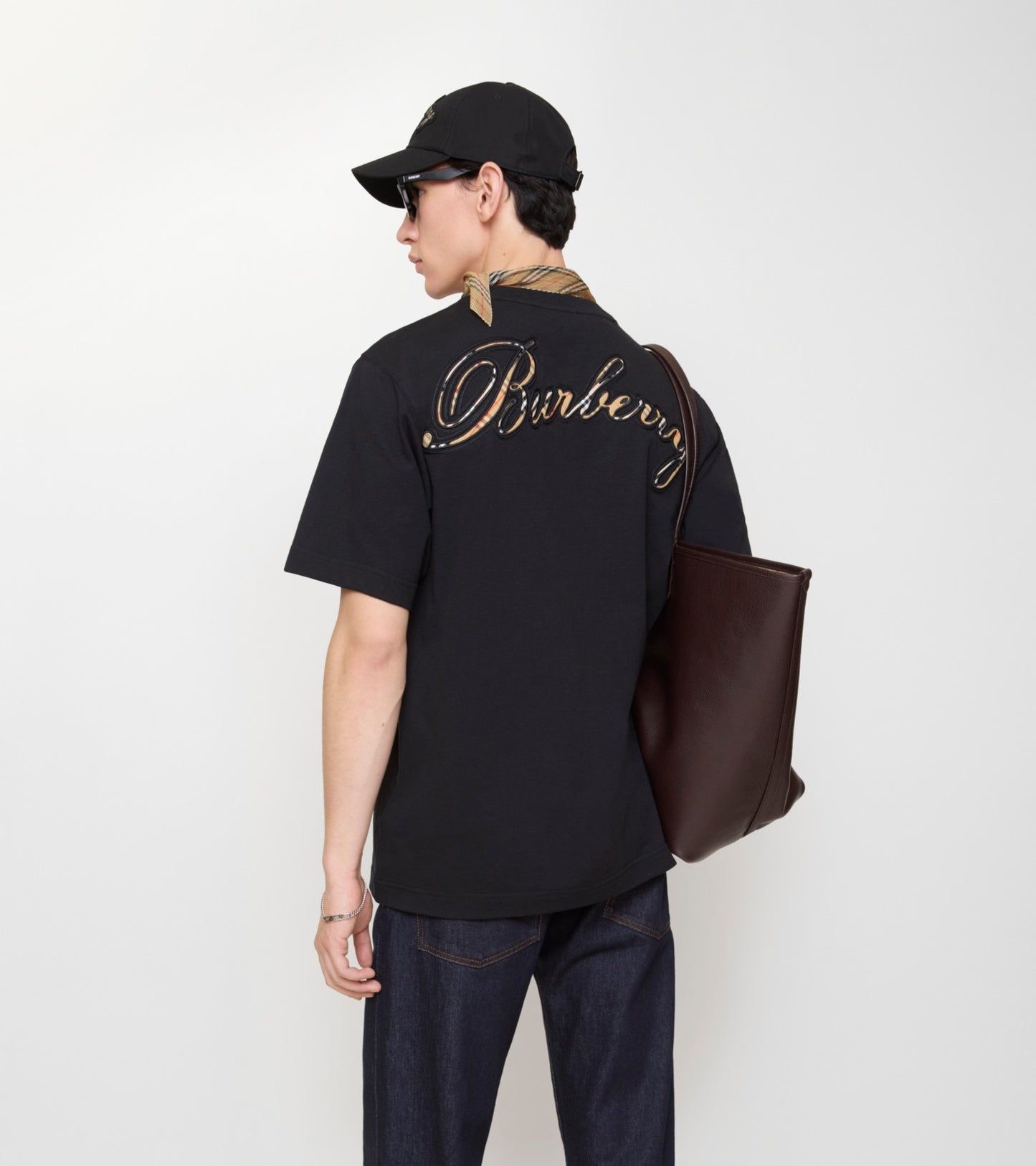 Check Cursive Logo Cotton T-shirt in Black