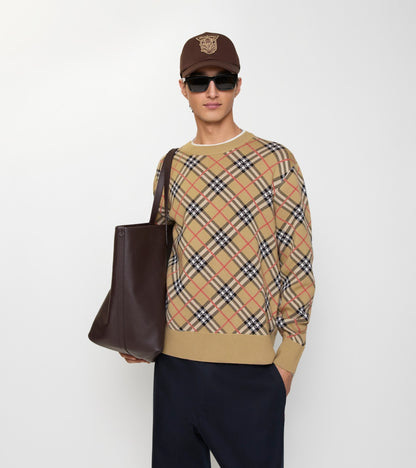 Check Cotton Wool Sweater in Sand beige