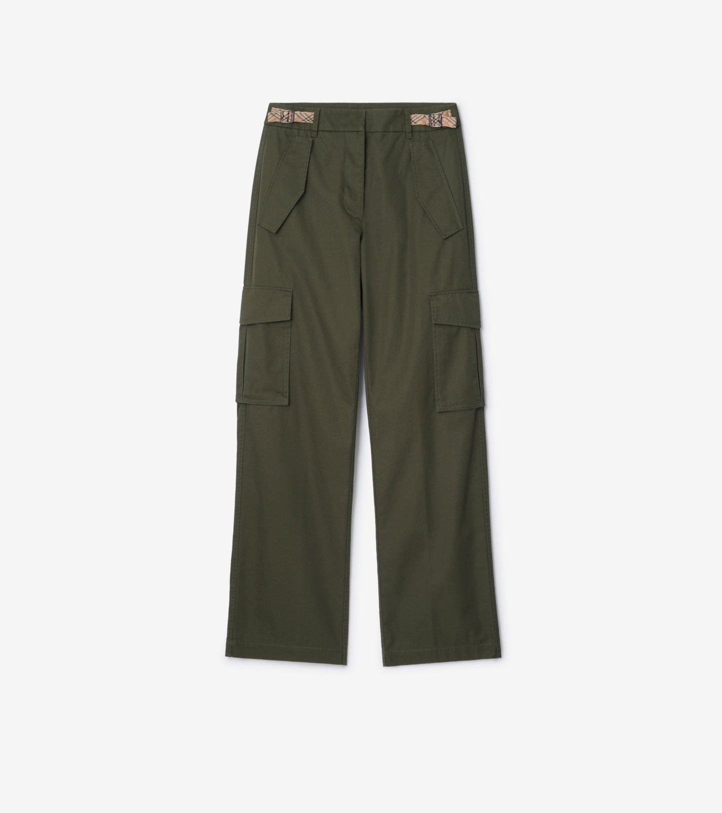 Check Trim Gabardine Cargo Trousers in Marrow green
