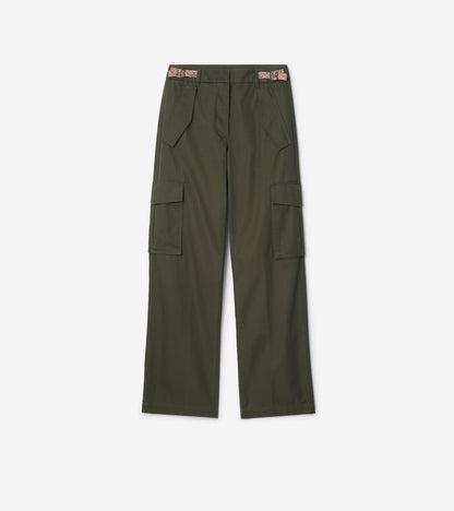 Check Trim Gabardine Cargo Trousers in Marrow green