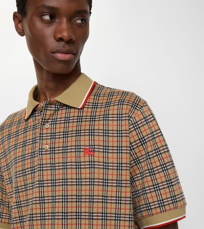 Check Cotton Blend Polo Shirt in Sand beige