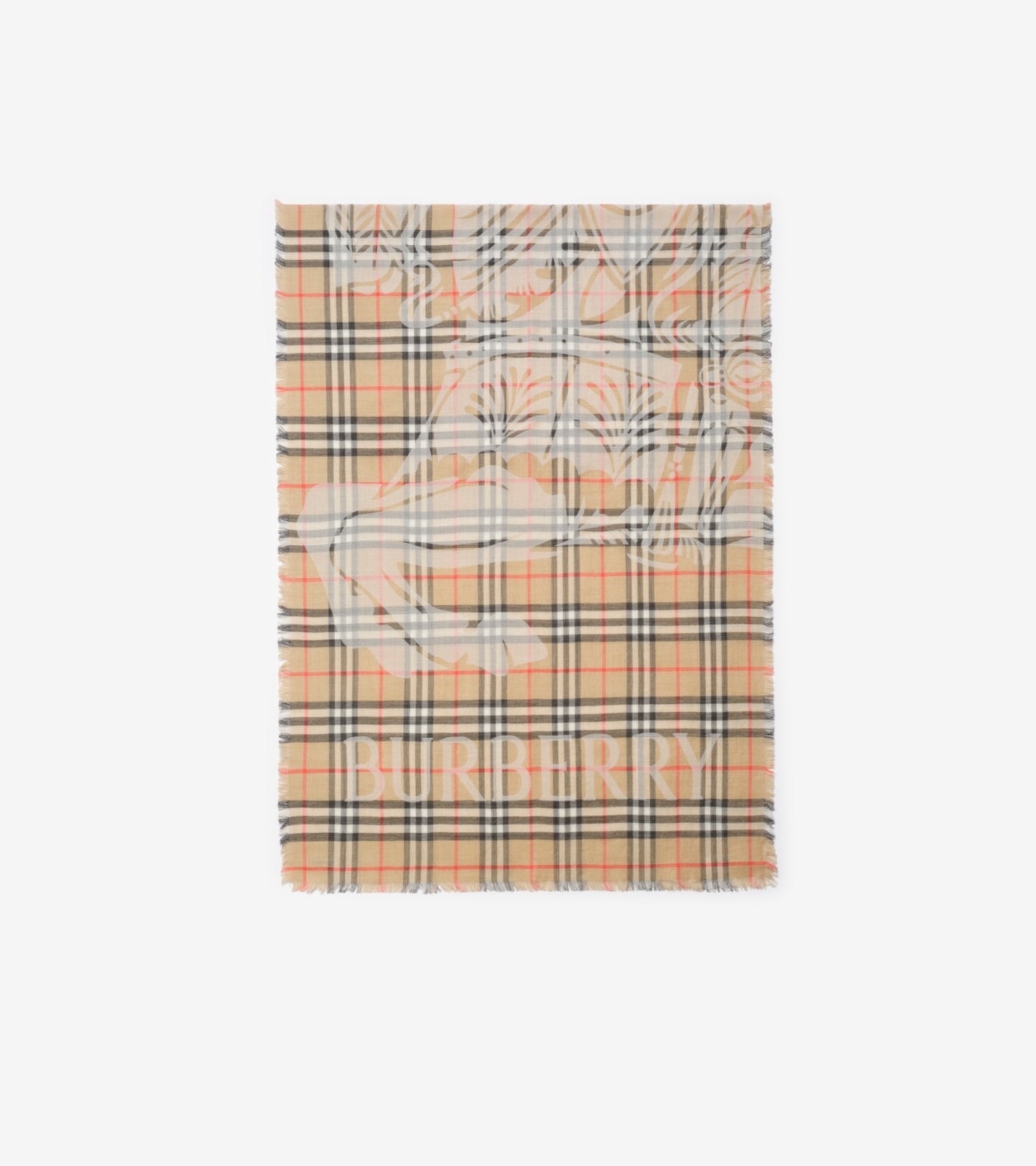 Wide Knight Check Wool Silk Scarf in Sand beige