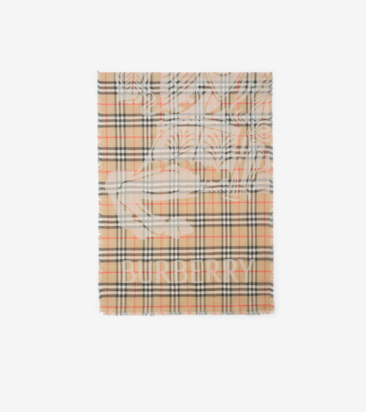 Wide Knight Check Wool Silk Scarf in Sand beige