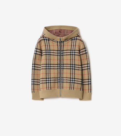 Check Wool Zip Hoodie in Sand beige