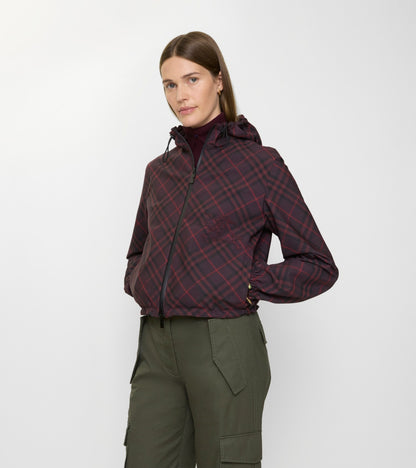 Cropped Reversible Check Hooded Jacket in Wine red