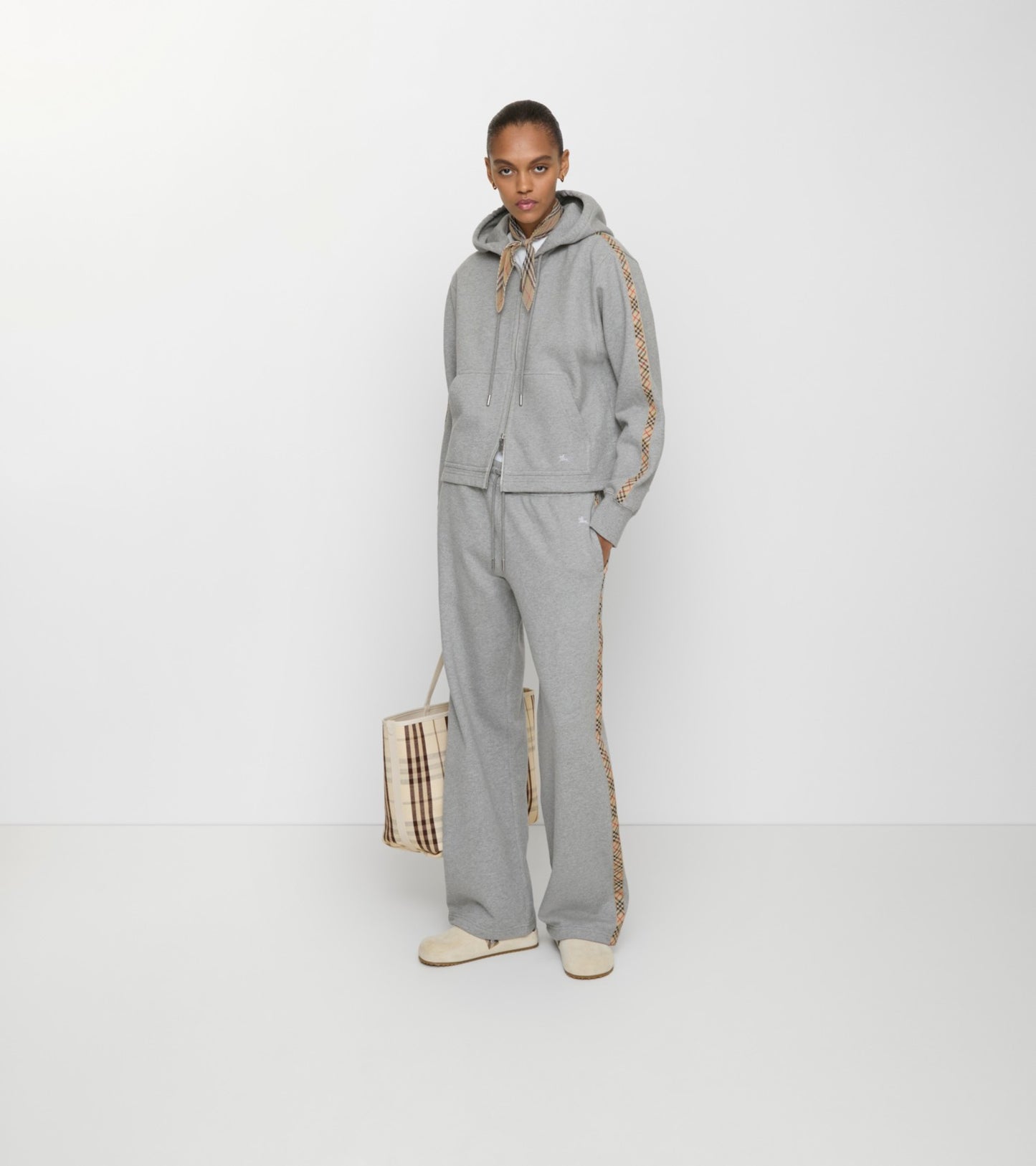 Check Trim Cotton Track Pants in Pale grey melange