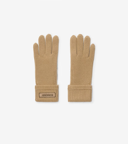Logo Patch Wool Blend Gloves in Sand beige