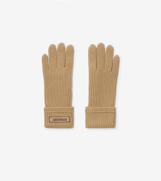 Logo Patch Wool Blend Gloves in Sand beige