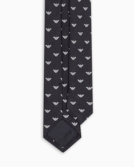 Pure silk tie with all-over jacquard micro-eagle