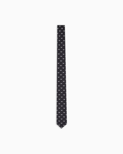 Pure silk tie with all-over jacquard micro-eagle