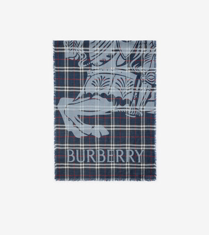 Wide Knight Check Wool Silk Scarf in Pea green