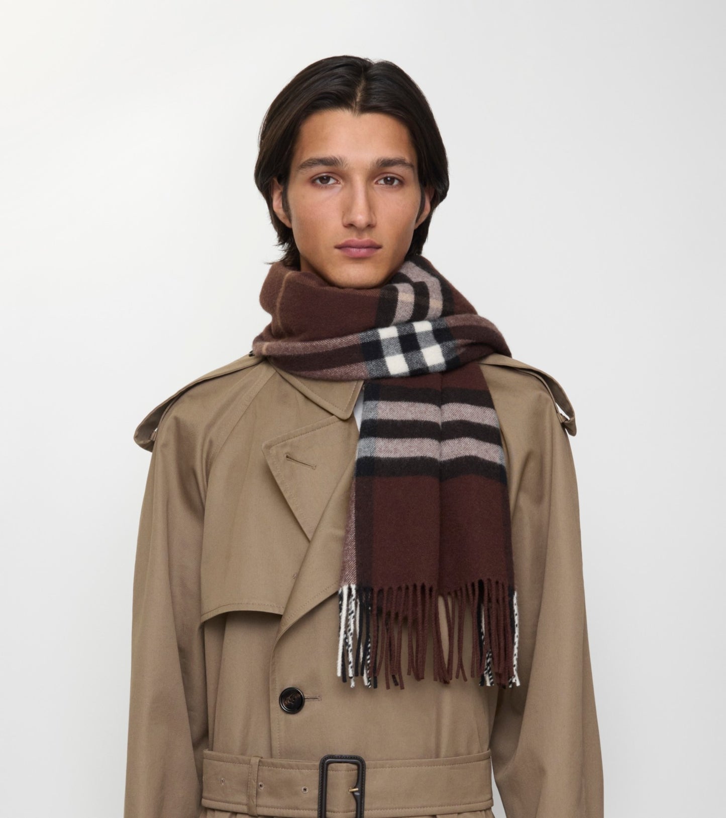 Wide Check Cashmere Scarf in Treacle brown