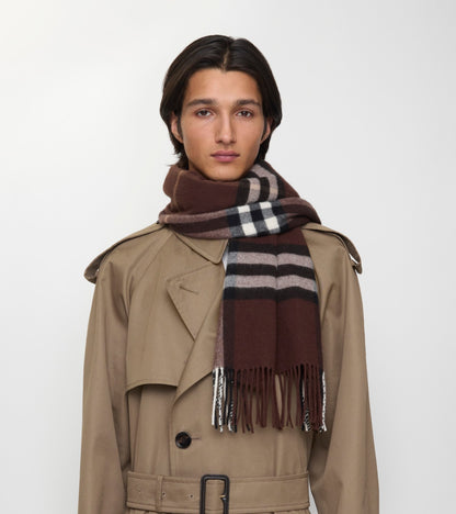 Wide Check Cashmere Scarf in Treacle brown