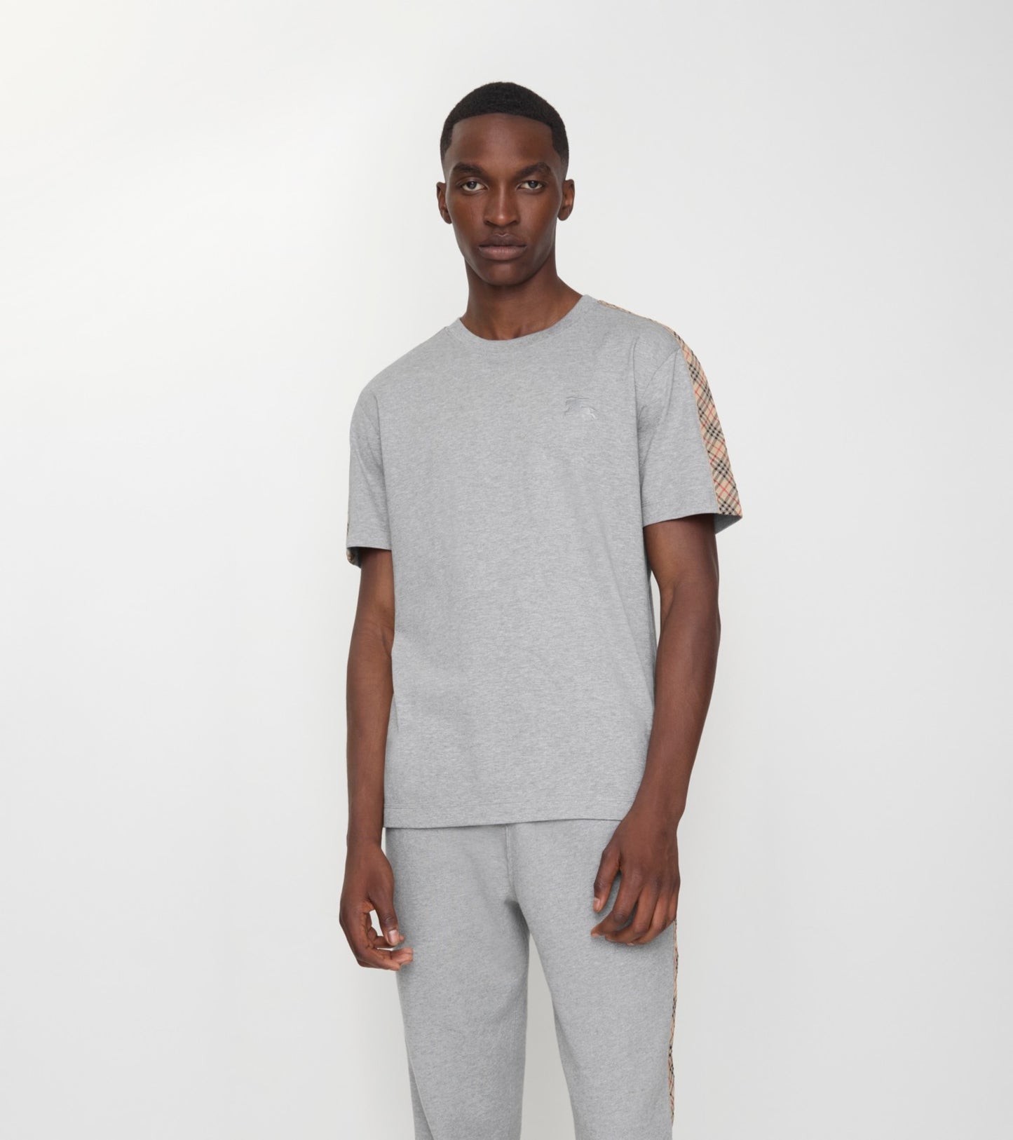 Check Trim Cotton T-shirt in Pale grey melange