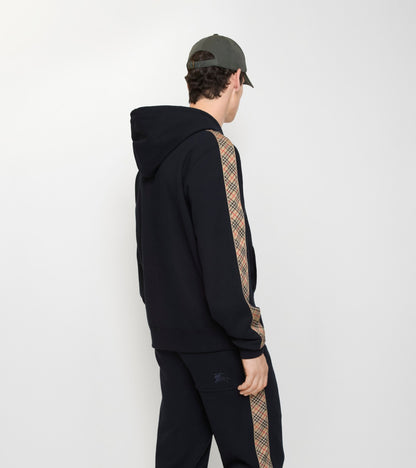 Check Trim Cotton Zip Hoodie in Navy