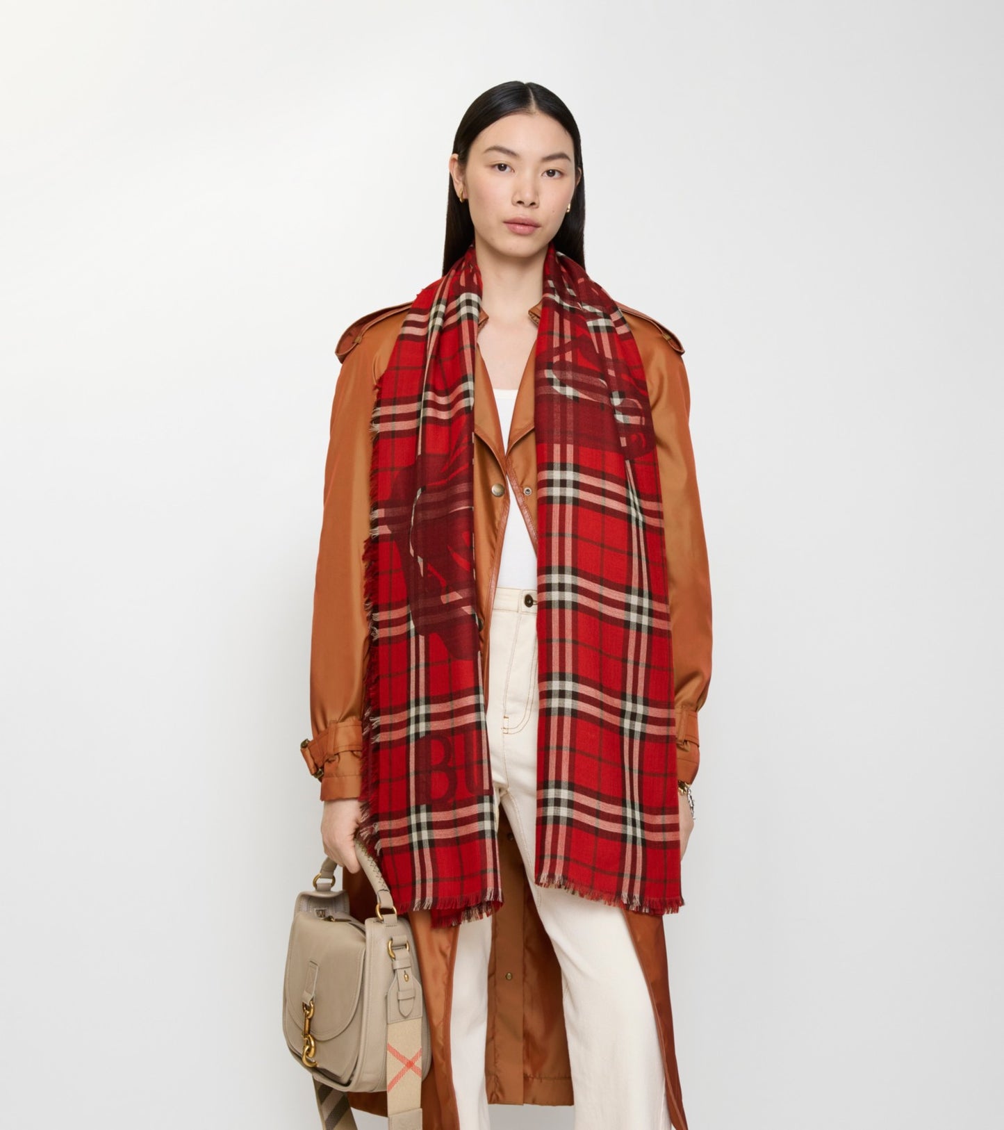 Wide Knight Check Wool Silk Scarf in Post red