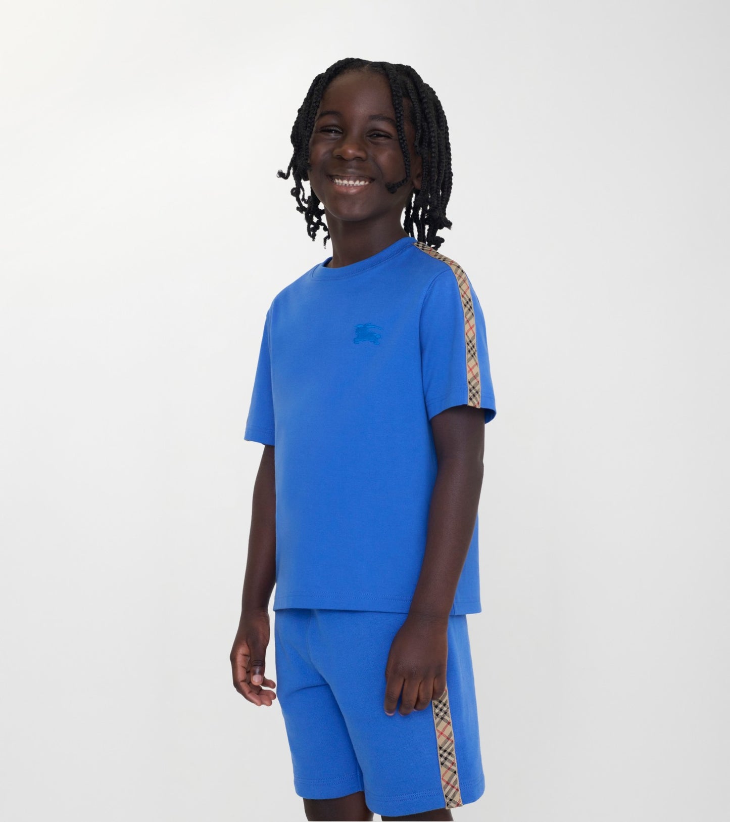 Check Trim Cotton T-shirt in Hyacinth blue