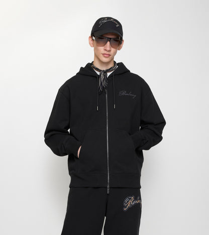 Check Cursive Logo Cotton Zip Hoodie in Black