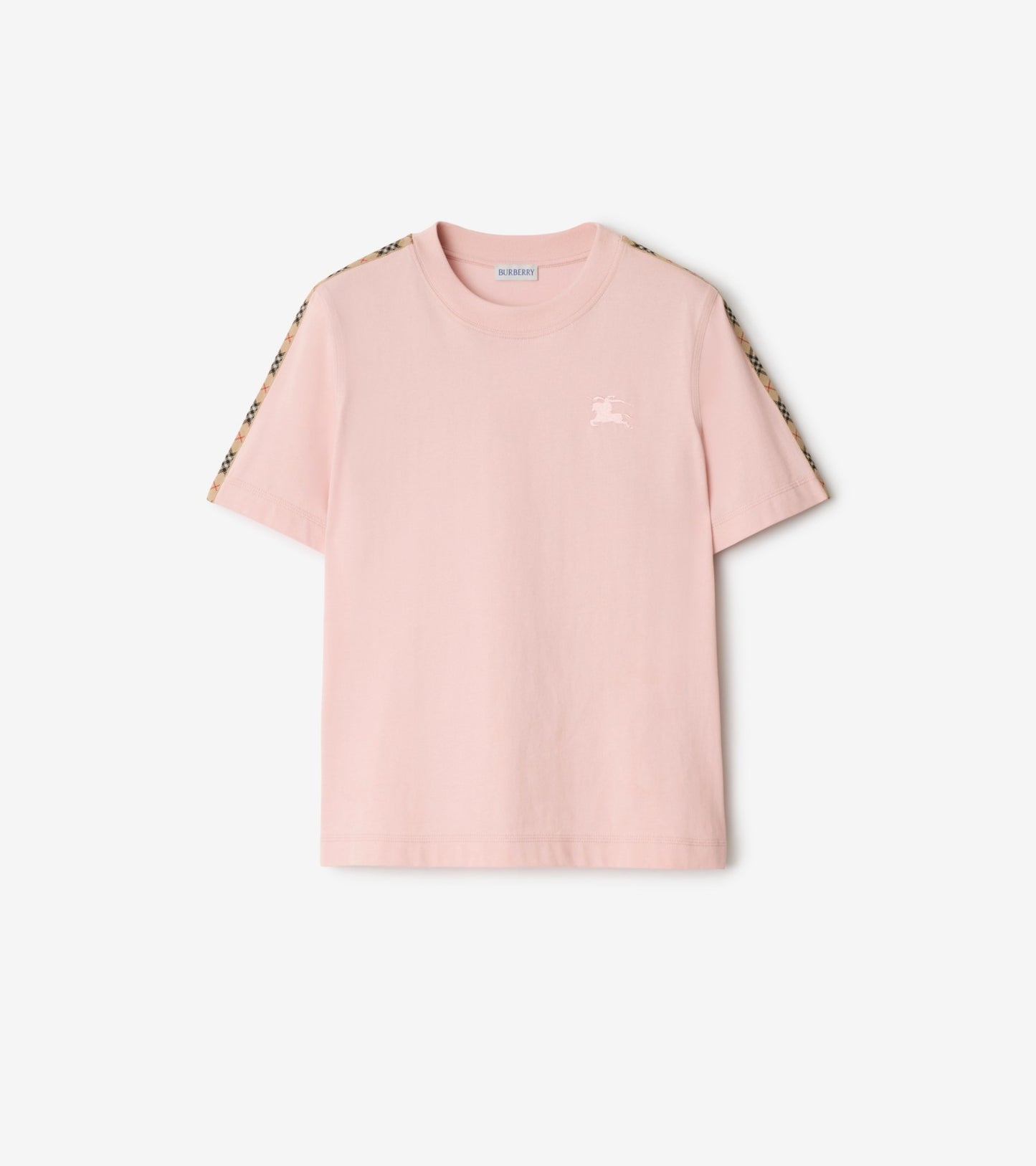 Check Trim Cotton T-shirt in Pale grey melange
