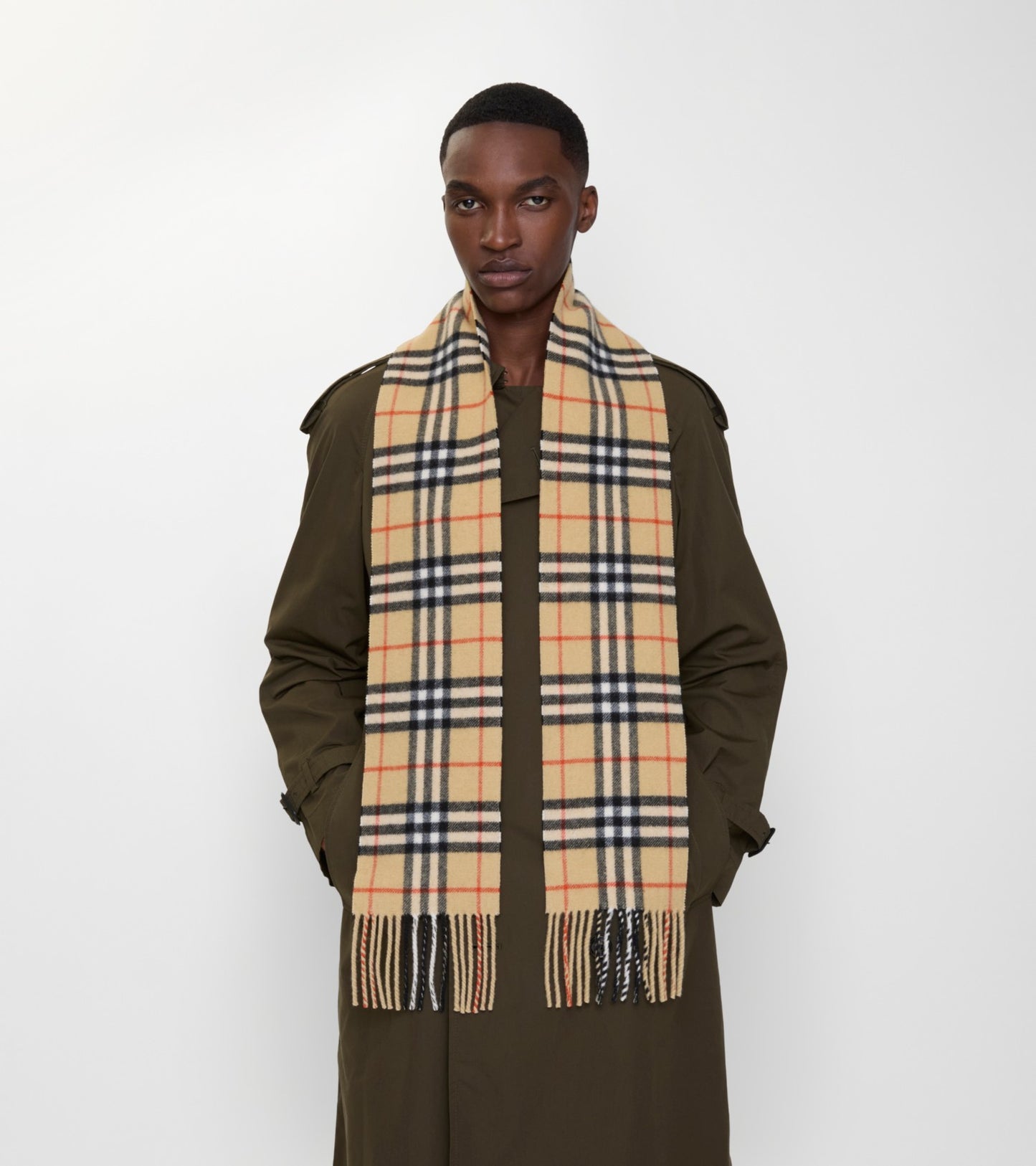 Narrow Check Cashmere Scarf in Sand beige