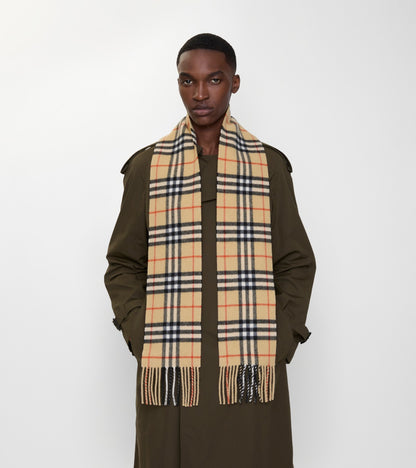 Narrow Check Cashmere Scarf in Sand beige