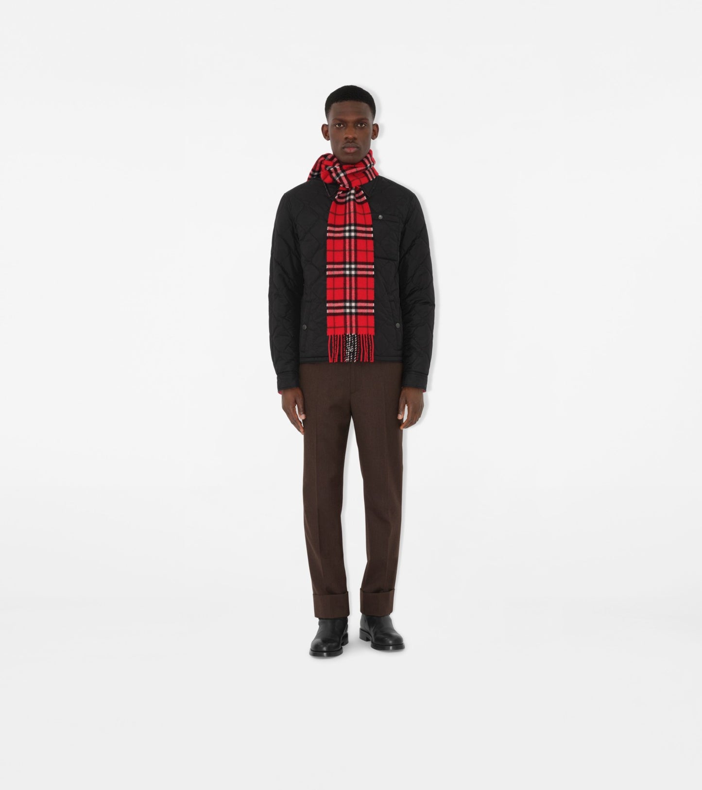 Narrow Check Cashmere Scarf in Post red