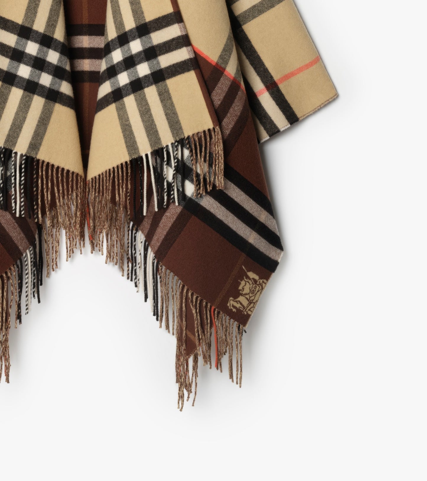 Contrast Check Cashmere Wool Cape in Sand beige/treacle brown