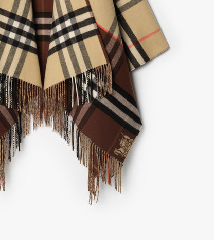 Contrast Check Cashmere Wool Cape in Sand beige/treacle brown
