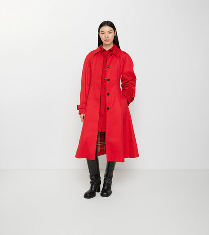 Long Gabardine Ellingham Fit-and-flare Car Coat in Crayon red