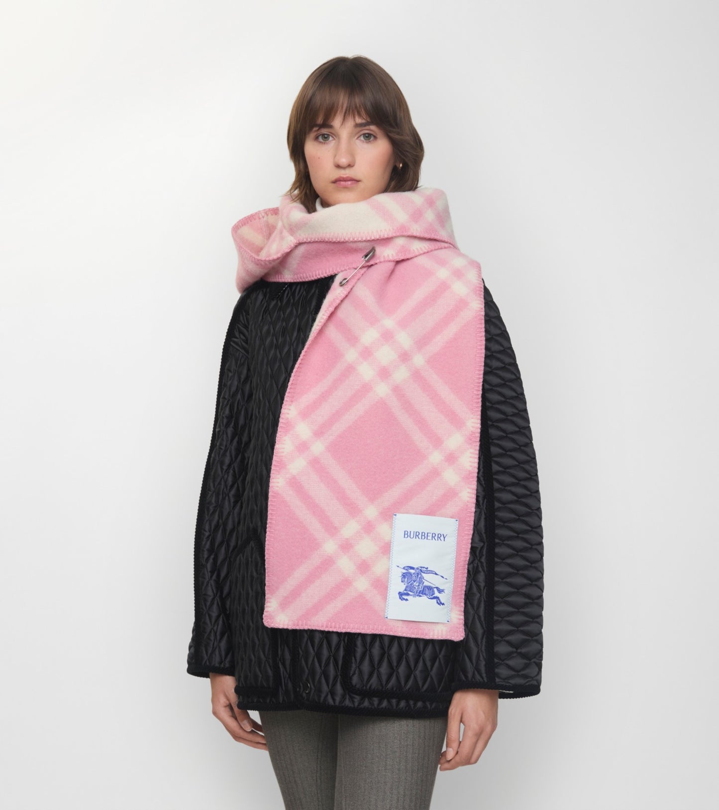Check Wool Hooded Scarf in Sugar pink