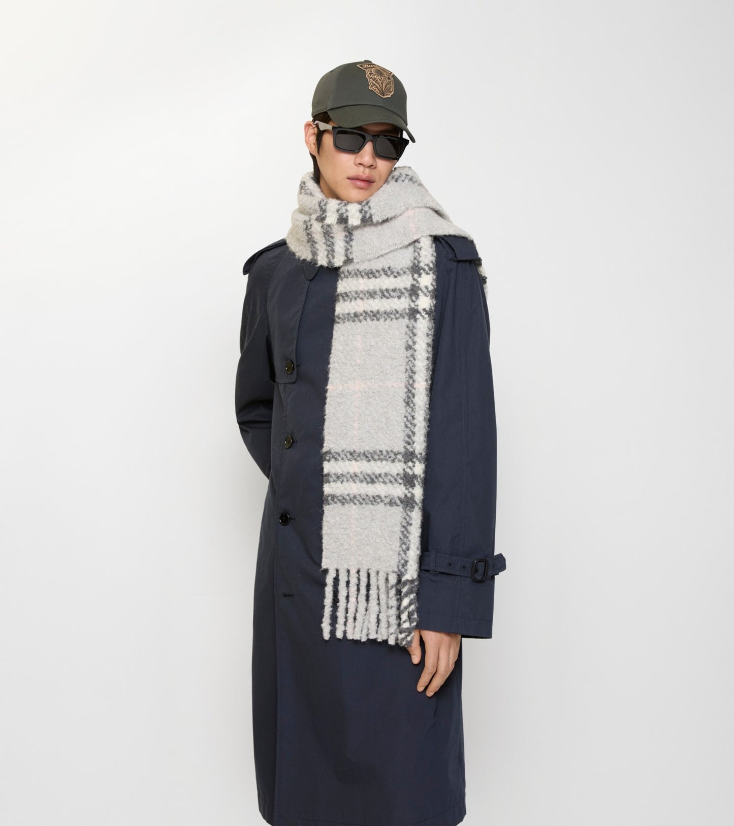 Check Alpaca Wool Blend Bouclé Scarf in Mitten grey