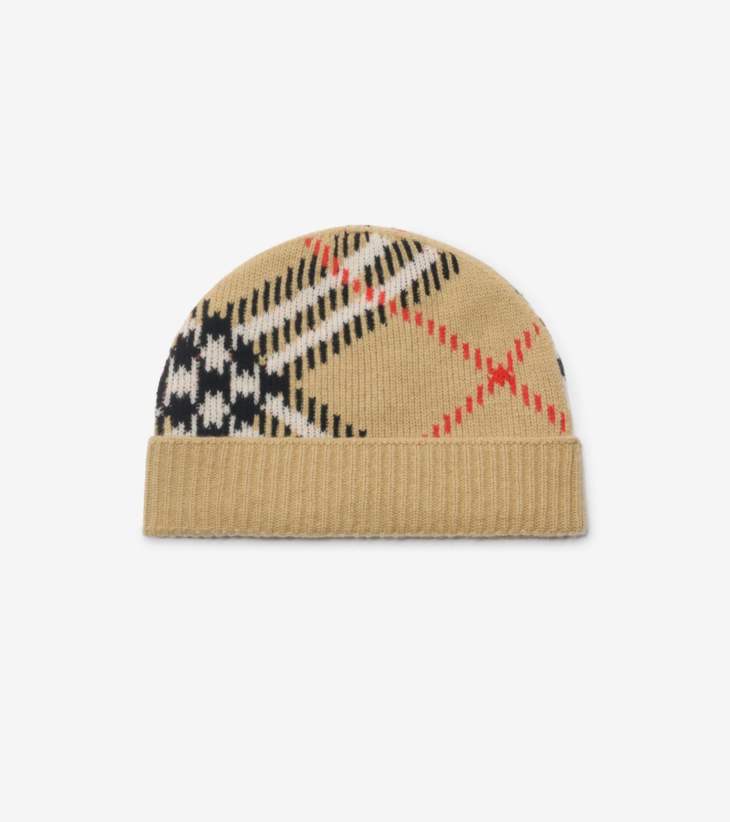 Check Cashmere Blend Beanie in Black/calico beige