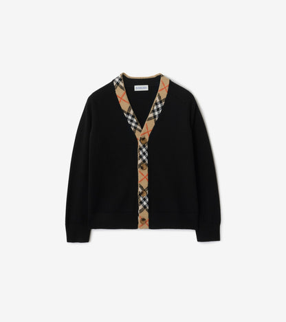 Check Trim Wool Cardigan in Black