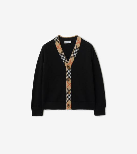 Check Trim Wool Cardigan in Black