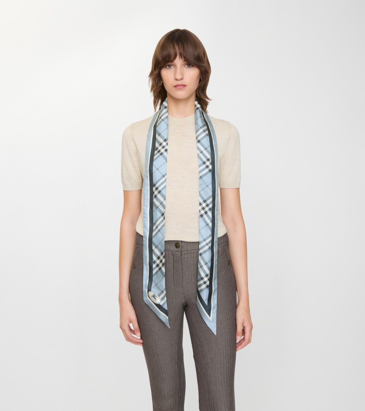 Skinny Check Silk Scarf in Bank blue