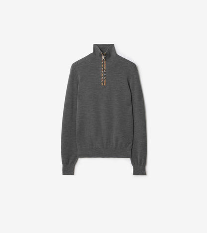 Check Trim Wool Half-zip Sweater in Grey