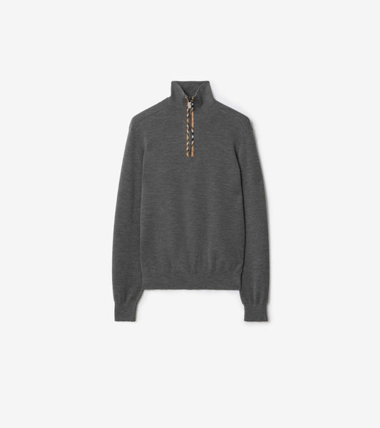 Check Trim Wool Half-zip Sweater in Grey