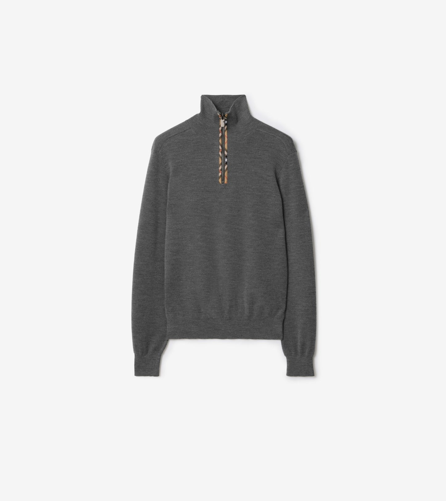 Check Trim Wool Half-zip Sweater in Black