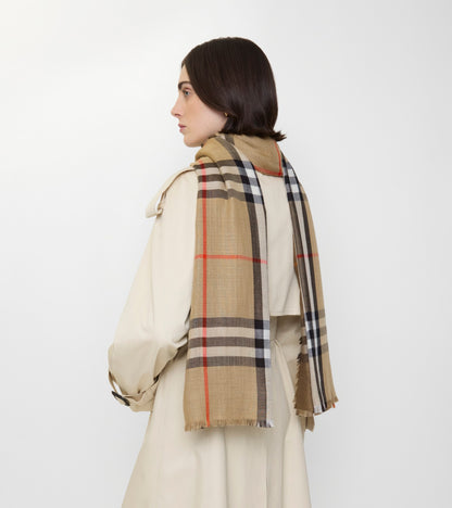 Reversible Check Wool Silk Scarf in Sand beige/vole brown