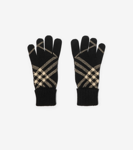 Check Cashmere Blend Gloves in Black/calico beige