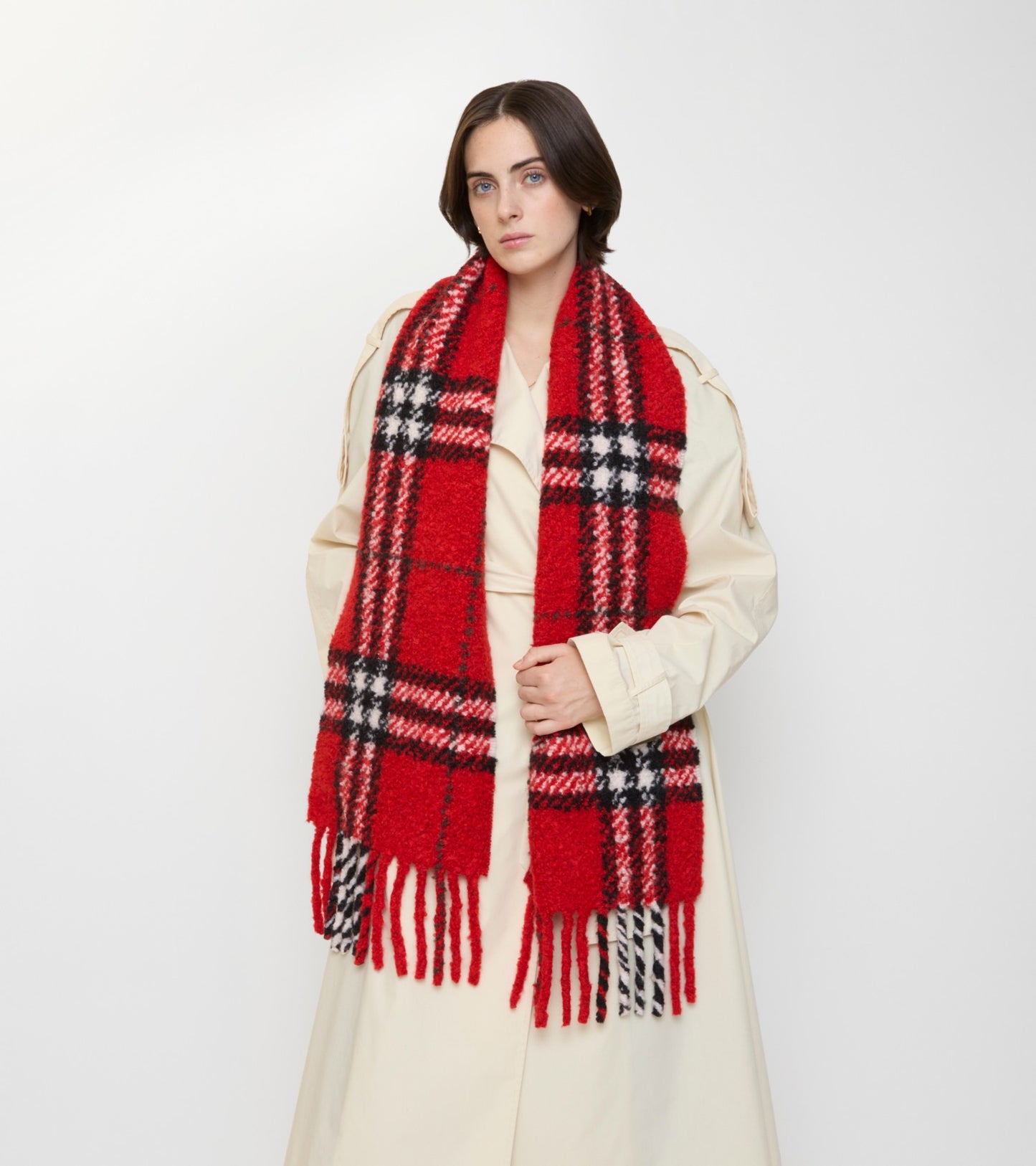 Check Alpaca Wool Blend Bouclé Scarf in Post red