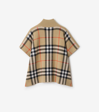 Reversible Check Wool Cape in Sand beige