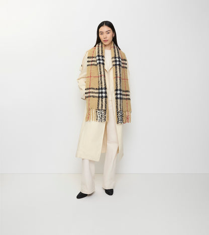 Check Alpaca Wool Blend Bouclé Scarf in Sand beige