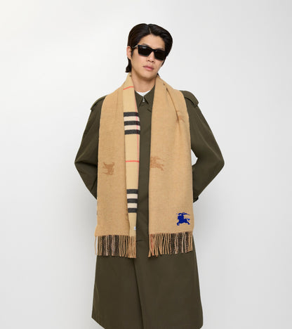 Reversible Knight Check Cashmere Scarf in Sand beige