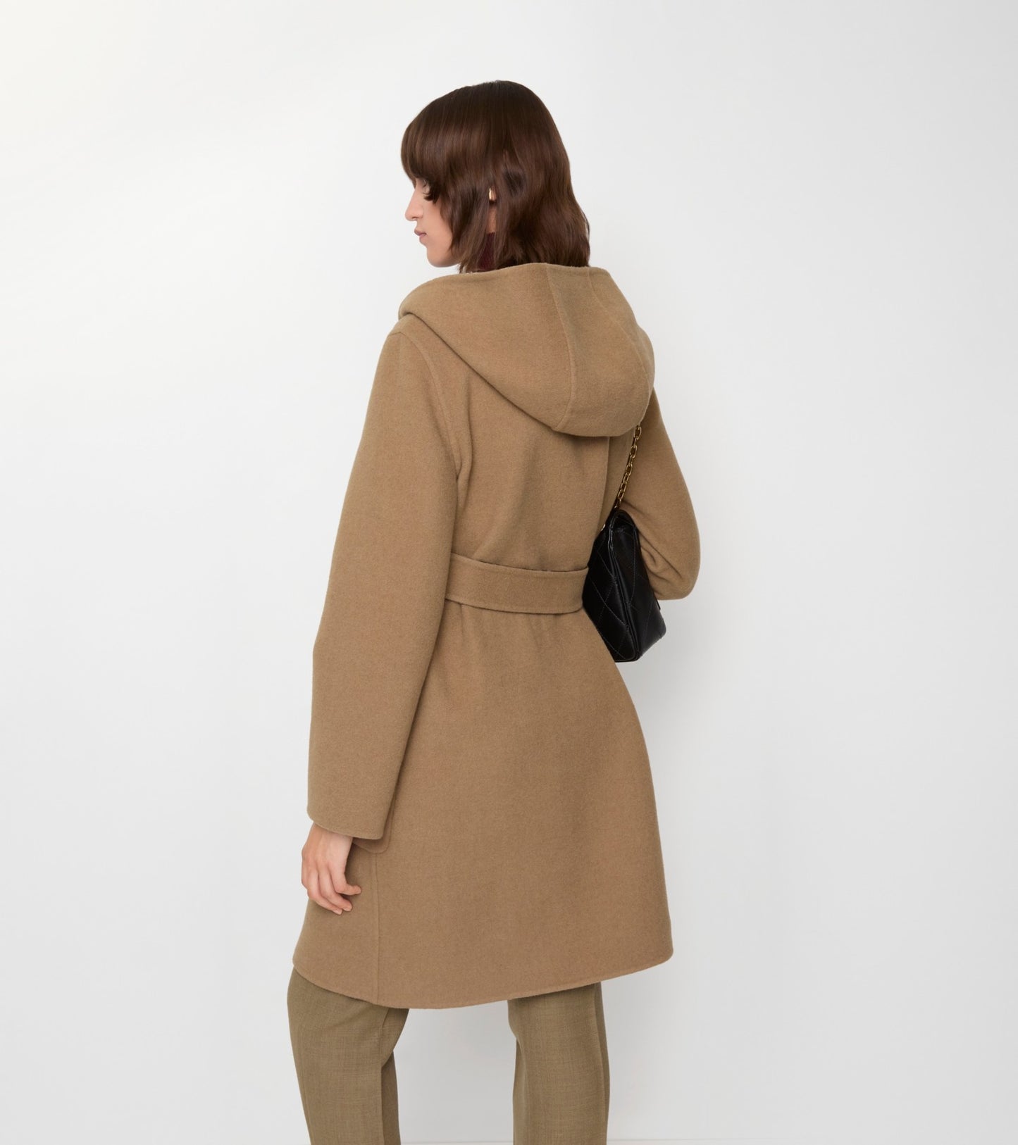 Reversible Wool Hooded Wrap Coat in Camel brown/treacle brown